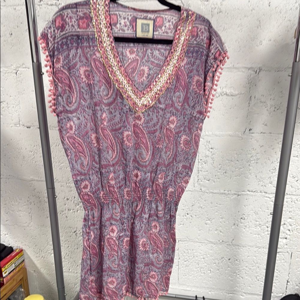 Paisley Dress / Cover Up - Pink and Gray BELL Embroidered LIKE NEW Medium